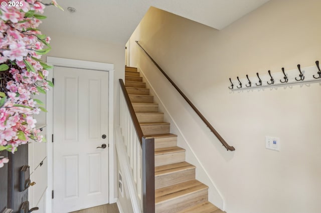 stairs with hardwood / wood-style floors