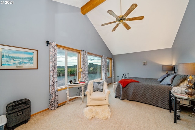 bedroom featuring high vaulted ceiling, light colored carpet, ceiling fan, and beam ceiling