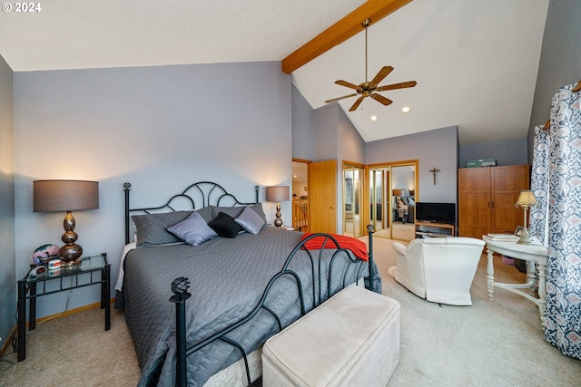 bedroom featuring ensuite bath, carpet, high vaulted ceiling, ceiling fan, and beam ceiling