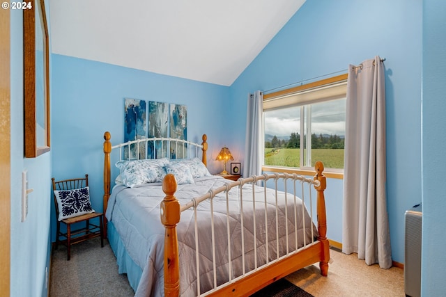 carpeted bedroom with vaulted ceiling