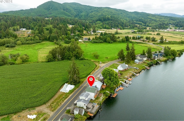 drone / aerial view with a water and mountain view and a rural view