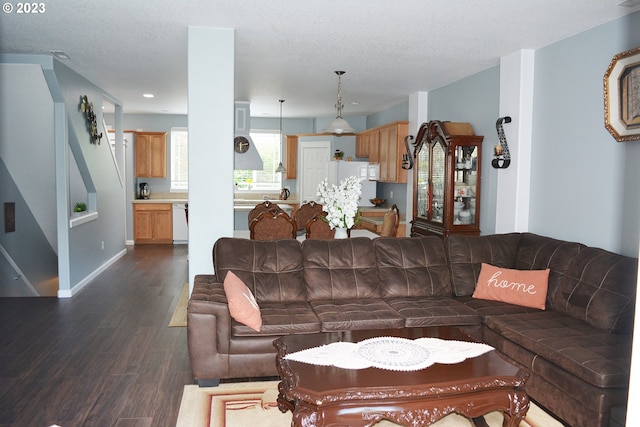 living room featuring a textured ceiling and dark hardwood / wood-style flooring