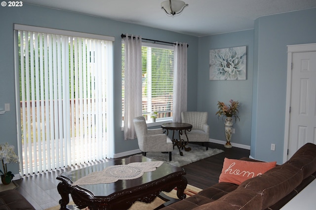 living room featuring wood finished floors and baseboards