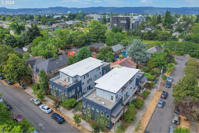 drone / aerial view featuring a mountain view