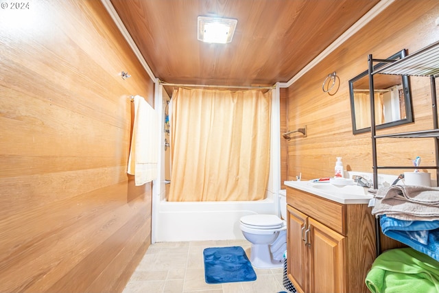 full bathroom featuring wood walls, vanity, shower / tub combo, and toilet