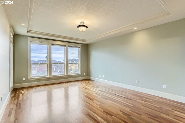 unfurnished room featuring light hardwood / wood-style floors, a raised ceiling, and a textured ceiling