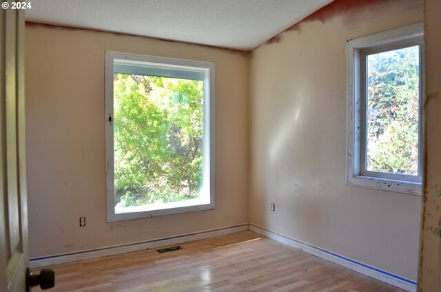 unfurnished room featuring light hardwood / wood-style flooring and a textured ceiling