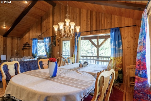 dining space with vaulted ceiling with beams, wood-type flooring, wooden walls, wooden ceiling, and a notable chandelier