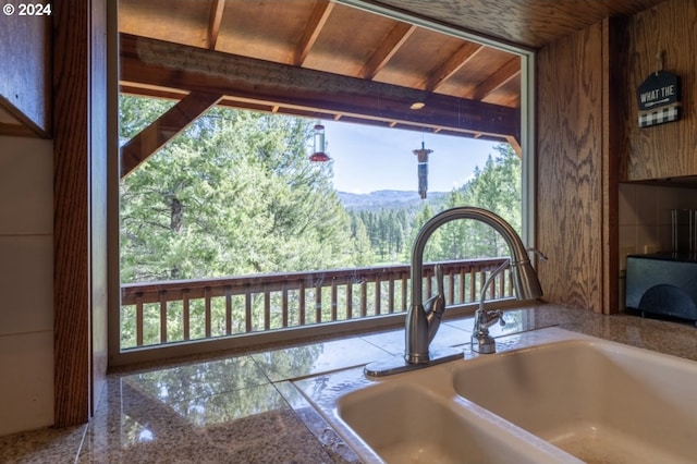 kitchen with sink, wooden walls, and wooden ceiling