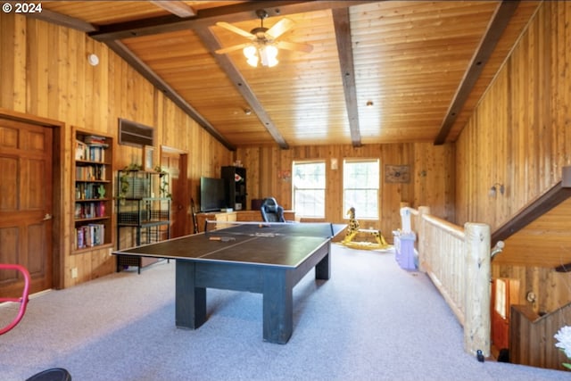 game room featuring wood ceiling, lofted ceiling with beams, and carpet