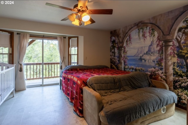 bedroom with ceiling fan, access to exterior, and tile floors