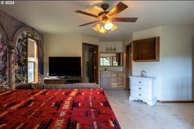 unfurnished bedroom with light colored carpet, ceiling fan, ensuite bathroom, and multiple windows