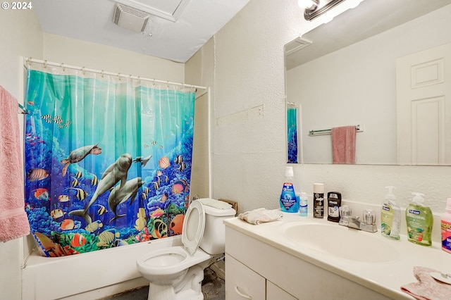 full bathroom with shower / bathtub combination with curtain, toilet, and vanity