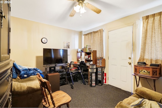 living room featuring ceiling fan and carpet flooring