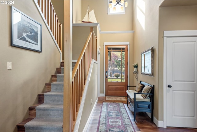 foyer with a high ceiling and hardwood / wood-style flooring