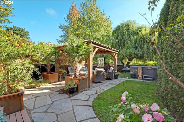 view of yard with a patio, a gazebo, fence, and an outdoor living space