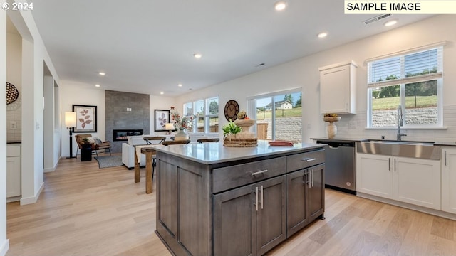 kitchen featuring a fireplace, a sink, light wood-type flooring, backsplash, and dishwasher