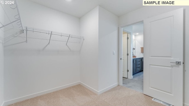 walk in closet featuring light carpet