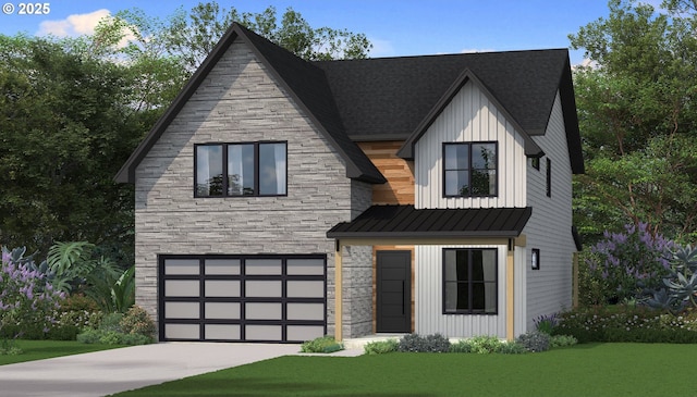 view of front of home featuring board and batten siding, a standing seam roof, metal roof, a garage, and stone siding