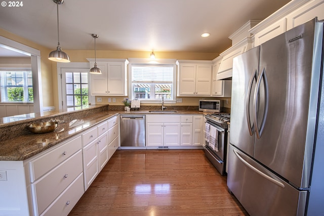 kitchen featuring white cabinetry, wood-type flooring, a healthy amount of sunlight, and appliances with stainless steel finishes