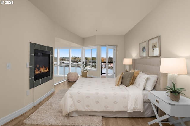 bedroom featuring multiple windows, baseboards, and wood finished floors