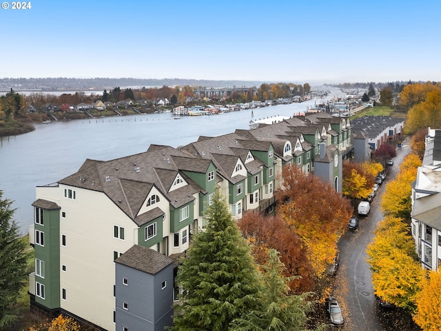 bird's eye view with a water view