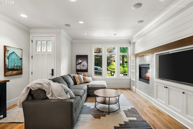 living room with ornamental molding and light hardwood / wood-style flooring