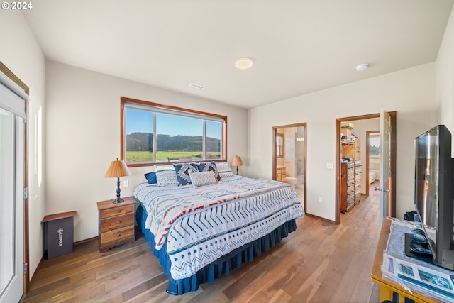 bedroom featuring ensuite bathroom and wood-type flooring