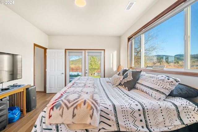 bedroom featuring access to outside, light hardwood / wood-style flooring, and multiple windows