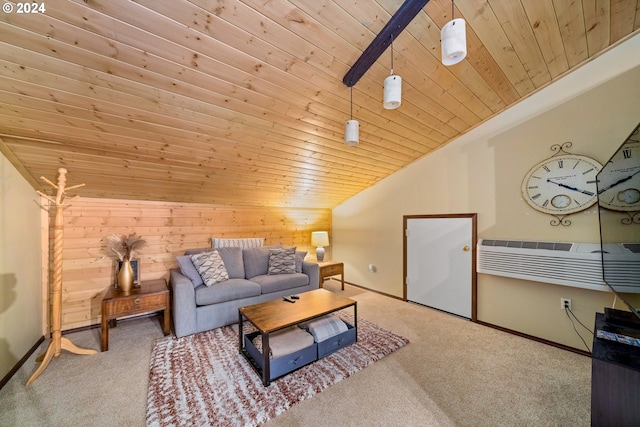 carpeted living room featuring wooden ceiling and vaulted ceiling