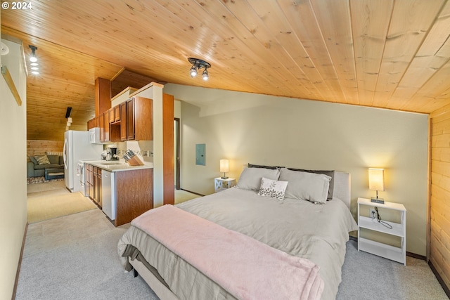 bedroom featuring light carpet, wooden ceiling, and lofted ceiling