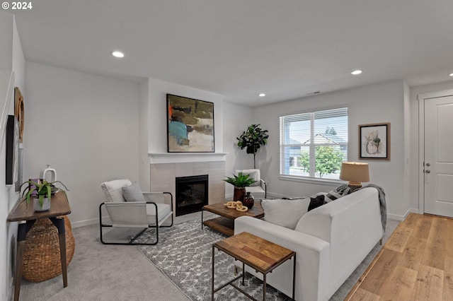 living room with a fireplace and light wood-type flooring