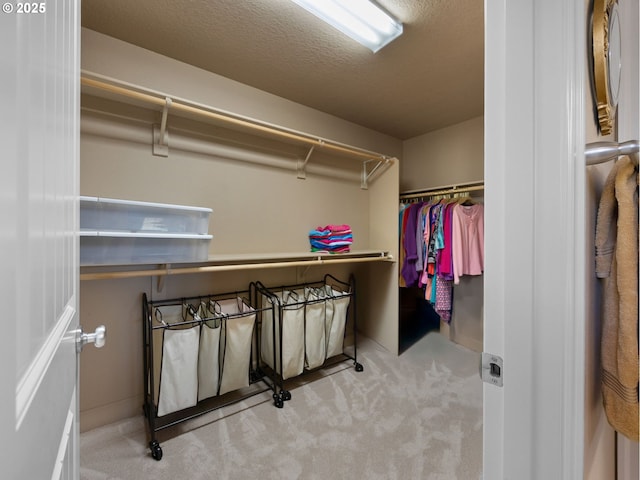 spacious closet featuring light colored carpet