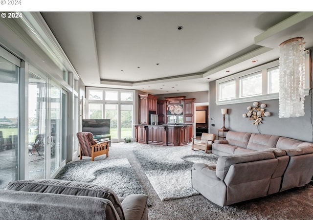 carpeted living room featuring a tray ceiling and a healthy amount of sunlight