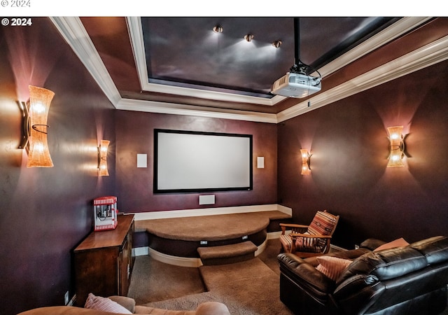 home theater with crown molding, a tray ceiling, carpet, and baseboards