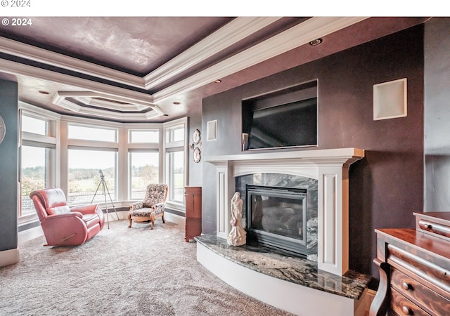 carpeted living room with crown molding, a tray ceiling, and a fireplace