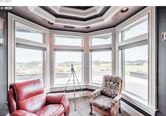 living area featuring crown molding, a healthy amount of sunlight, and a tray ceiling