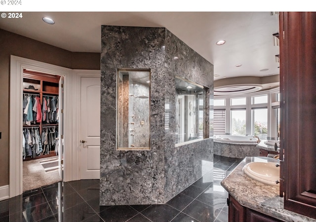 full bath featuring granite floors, a bath, a walk in shower, recessed lighting, and vanity
