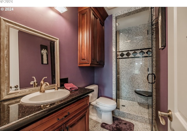 bathroom with a stall shower, toilet, and vanity