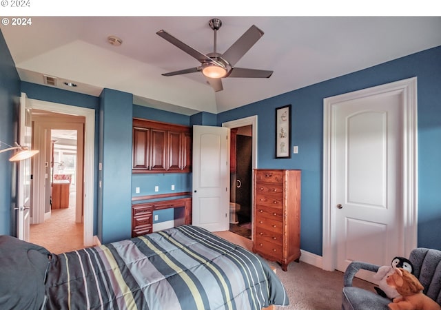 bedroom with light colored carpet and ceiling fan