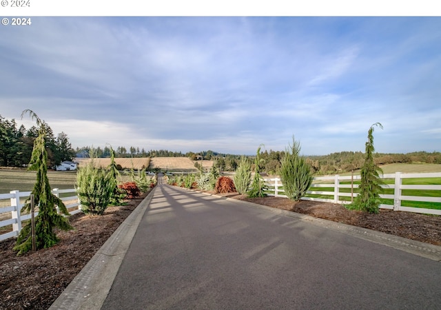 view of asphalt road featuring a view of rural / pastoral area