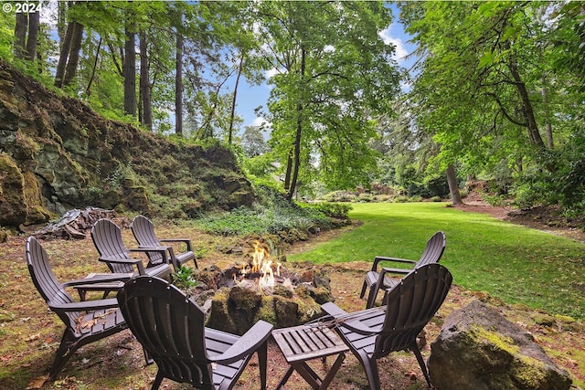 view of yard featuring an outdoor fire pit