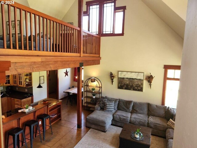 living room with high vaulted ceiling