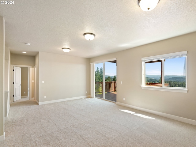 empty room with a textured ceiling, light carpet, and a mountain view