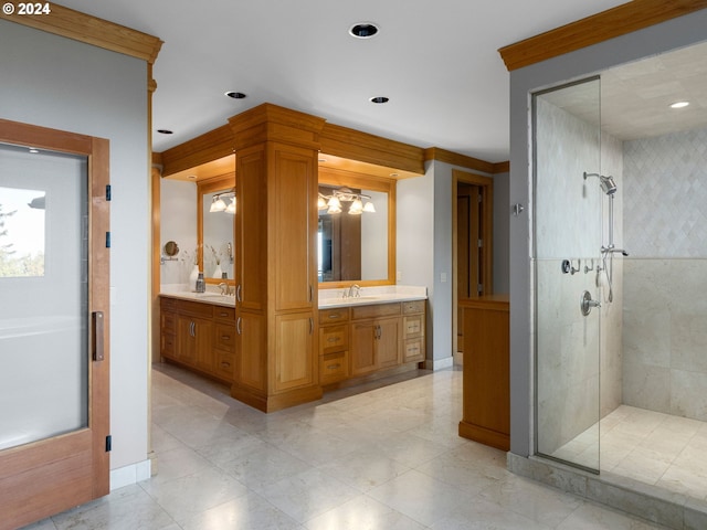 bathroom featuring walk in shower and vanity