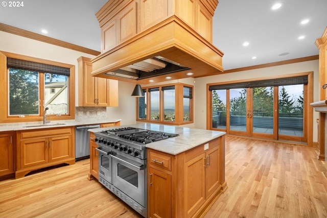 kitchen featuring sink, light hardwood / wood-style flooring, stainless steel appliances, and a wealth of natural light