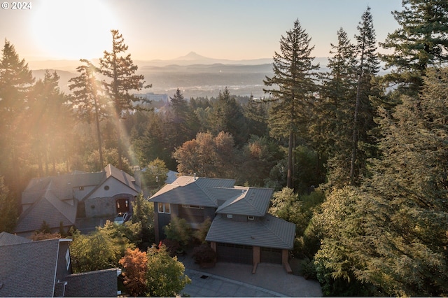 aerial view at dusk with a mountain view