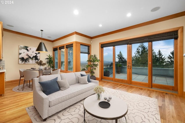 living room featuring light wood-type flooring and ornamental molding