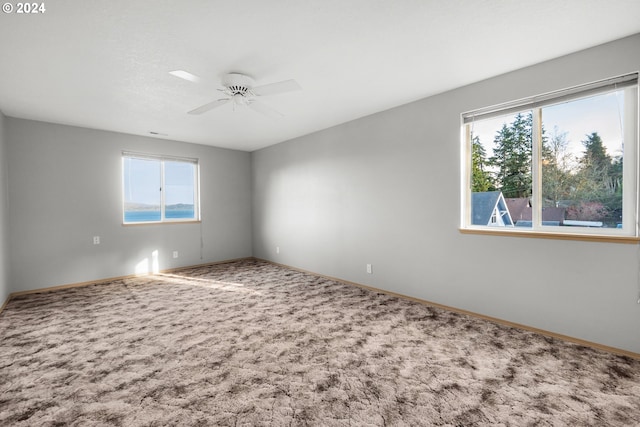 unfurnished room with ceiling fan and carpet