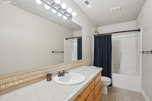 full bathroom with tile patterned flooring, vanity, shower / bath combination with curtain, decorative backsplash, and toilet